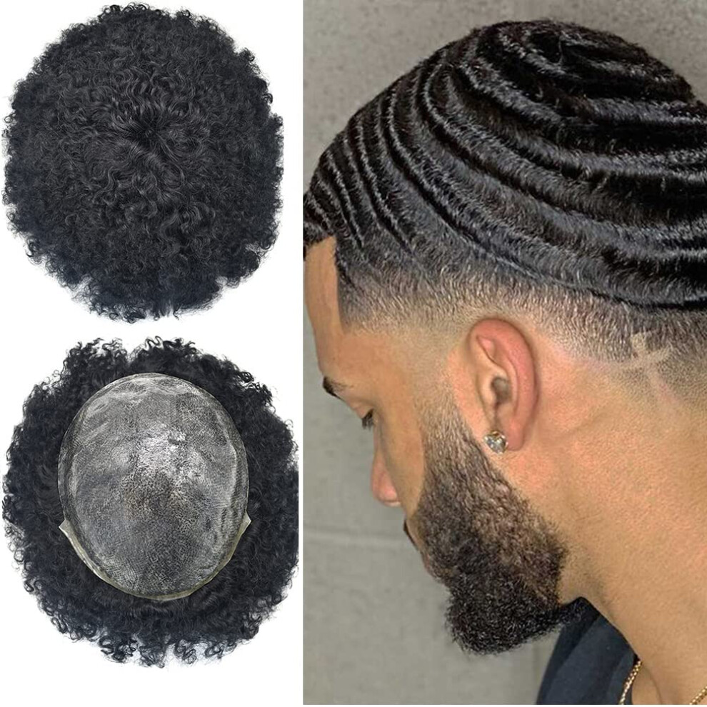 Learning Curve Hair Unit For Black Men Afro Toupee For Black Men Kinky Curly Human Hair Piece African American Afro Wavy Men Toupee Hairpieces Thin Skin Men Replacem