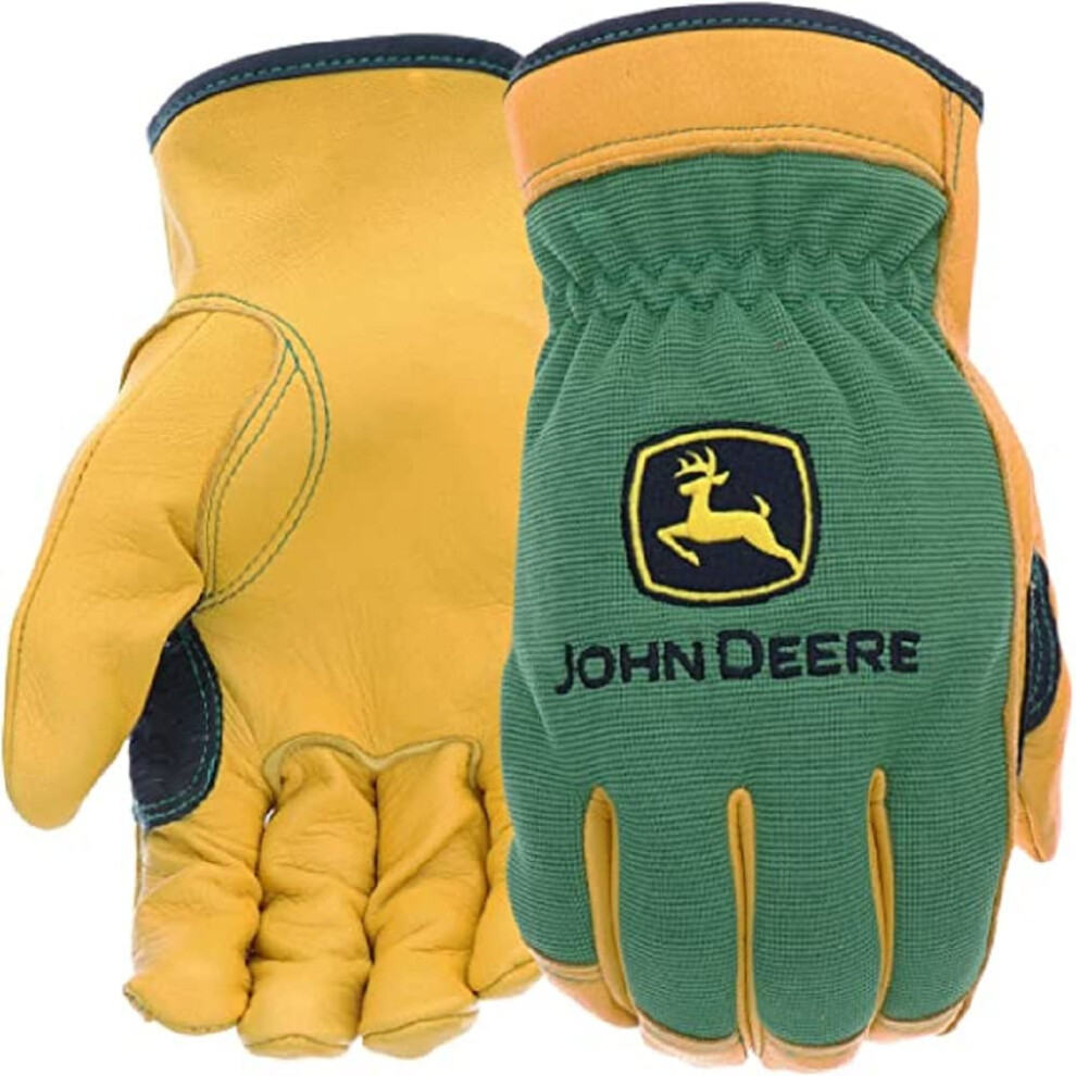John Deere JD00008-2XL Men's Top Grain Deerskin Leather Driver Gloves  Abrasion Resistant  Tan  Green  Water Resistant  2X-Large
