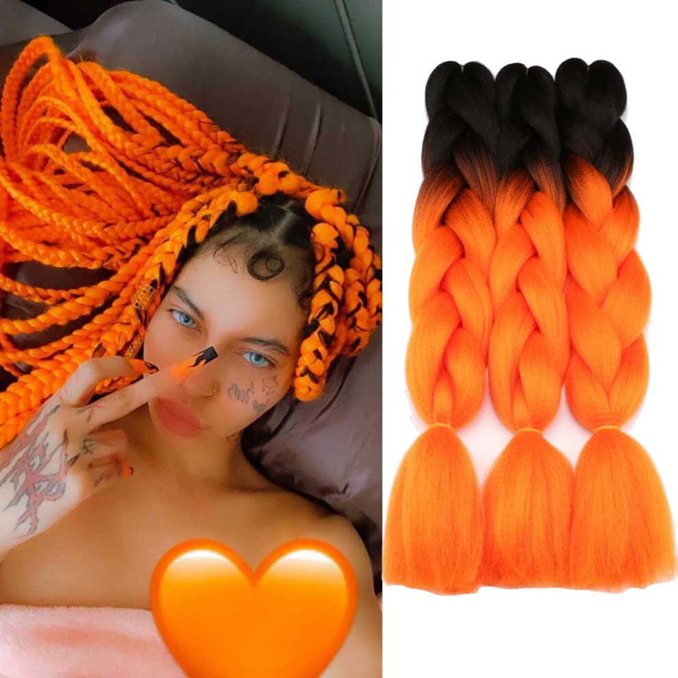 Sharopul Unisex Orange Jumbo Braiding Hair Attachment Ombre Color Halloween Christmas Style 3Pakcs Synthetic Box Braids Hair Extension 24Inch Crochet Braids (Orange)