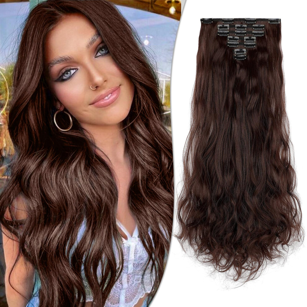 Wodelanle Unisex Brown Clip In Hair Extensions For Women 7Pcs Medium Hair Extensions 24 Inch Long Wavy Curly Hair Clip On Extensions Synthetic Thick Hairpieces