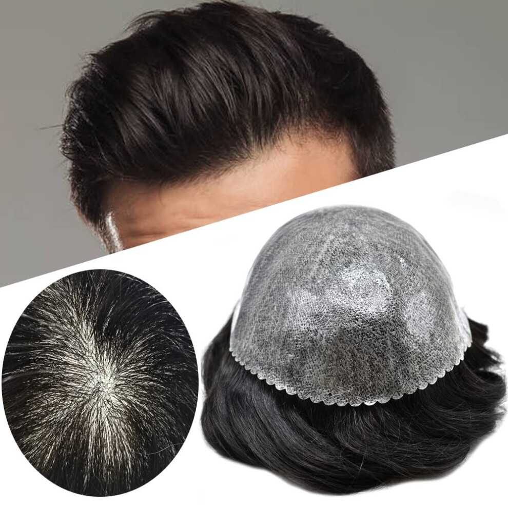 LYRICAL HAIR Men Hair Replacement Systems Thin Skin Toupee Full PU Injection Mens Wig Units Black Color Real Natural Human Hair Piece (8X10-1B# Off Bl