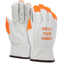 ATERET 12 Pairs 3X-Large Hi Vis Heavy Duty Durable Cowhigh Leather Work Gloves I Orange Tip - Watch Your Hand I Driver Gloves for Truck Driving