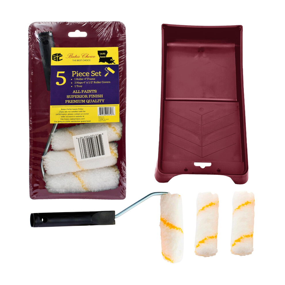 Bates- Paint Tray Set 5 Pcs 4-Inch Paint Roller Kit Small Paint Roller Paint Brush Paint Roller Set Paint Rollers 4 Inch Paint Roller Tray Pain 810108763543