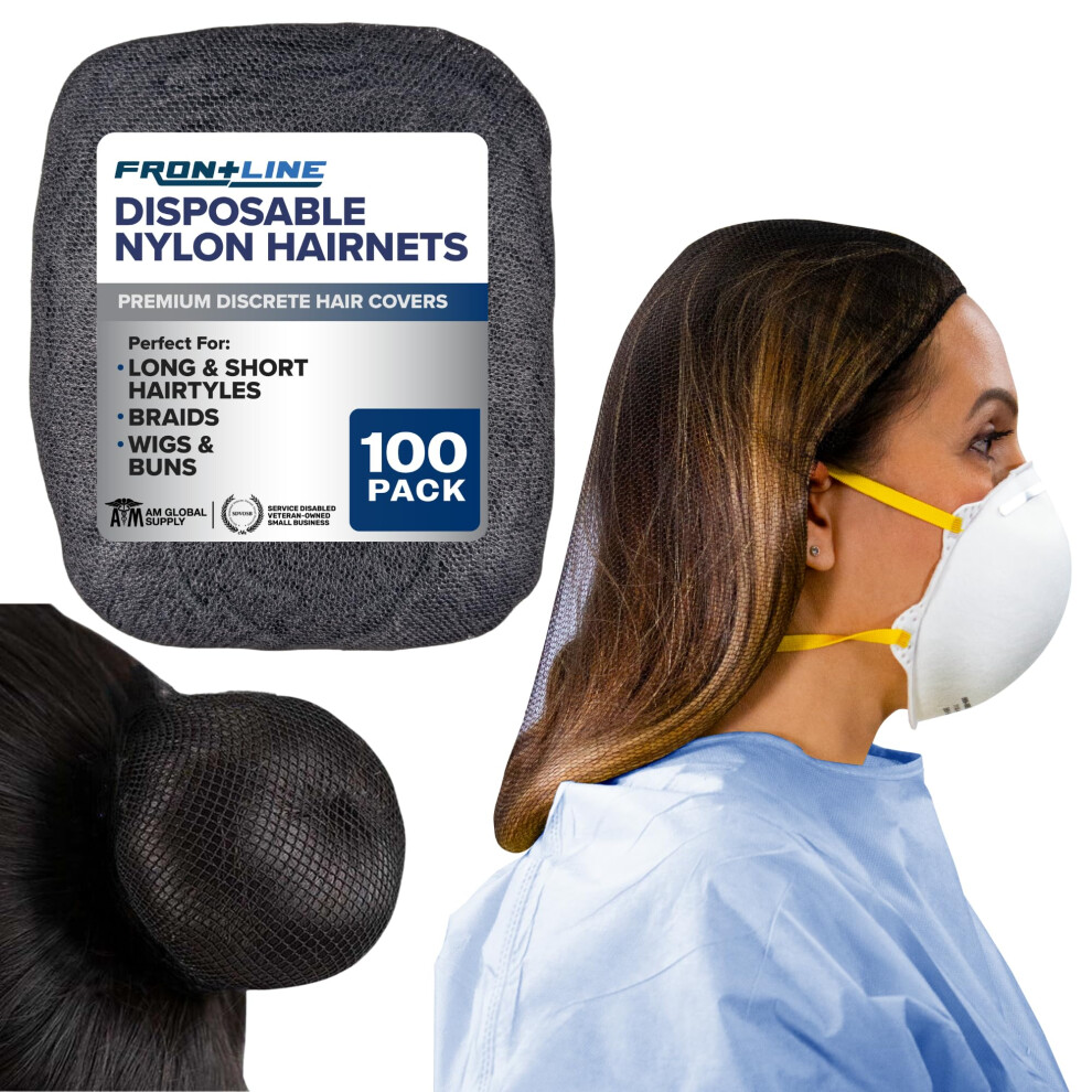 FRONTLINE Hair Nets 100 Pack 24 Inch Premium Nylon Mesh Hair Cover for Food Service Workers Disposable Hair Cap for Women and Men Invisible Elastic Ha