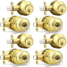 Probrico Polished Brass Keyed Entry Door Knob and Single Cylinder Deadbolt Lock Combo Set  Keyed Alike  Set of 4