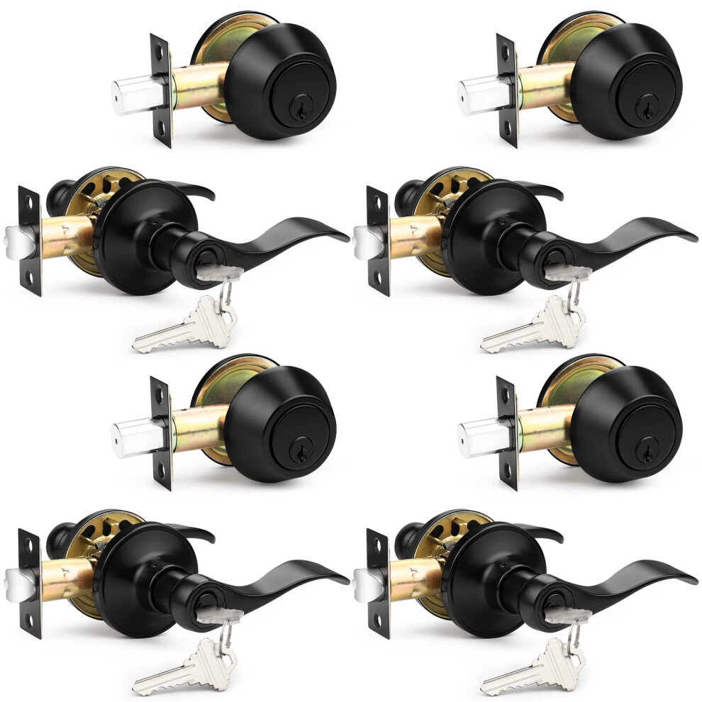Probrico Front Door Entry Lever Lockset Single Cylinder Deadbolt Combination Set Flat Black Finish Keyed Alike Combo Reversible For Right And Left 6941154056823