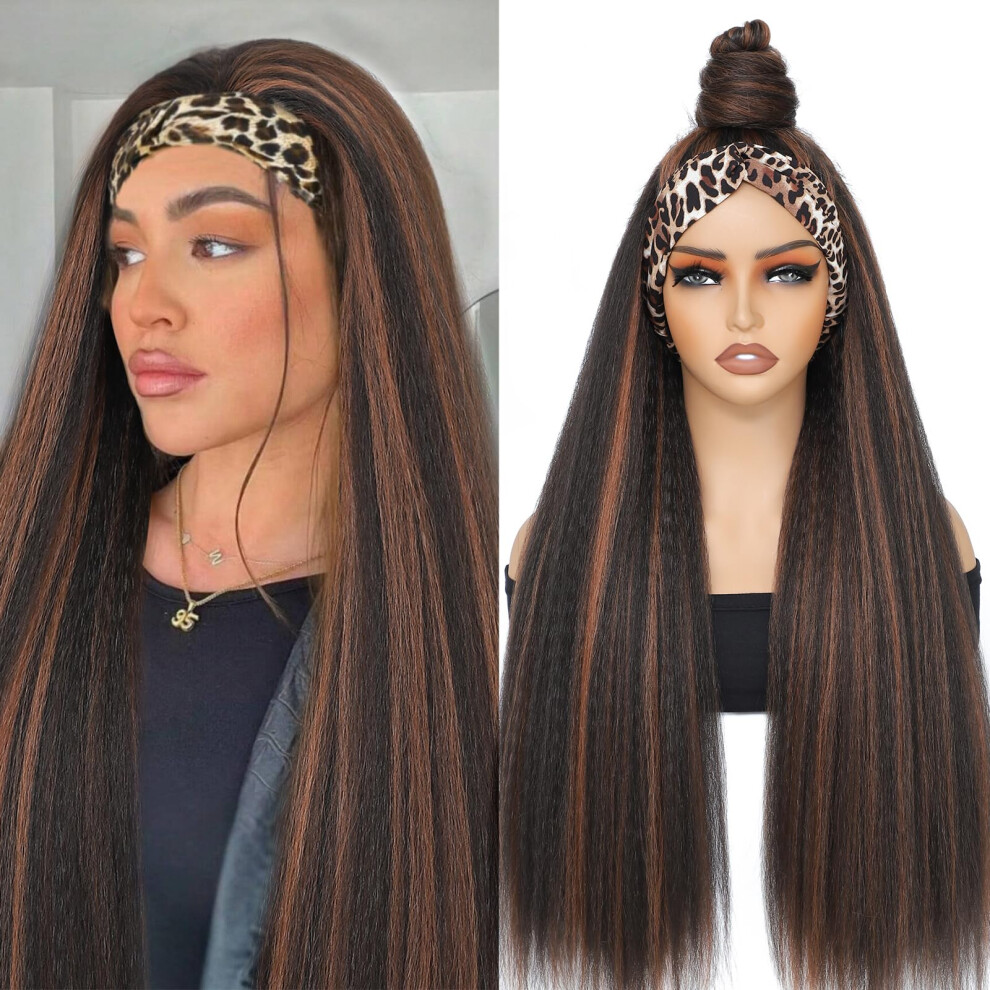 Alileona Unisex Black,Brown Synthetic Headband Wig,Brown Headband Wig 30Inch Kinky Straight Headband Wig For Black Women (2/30#)