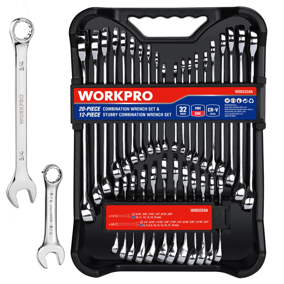 Workpro 32-Piece Sae & Metric Combination Wrenches Set 20-Piece Standard Wrenches And 12-Piece Stubby Wrenches With Organizer Tray Cr-V Steel Mirror 820909686811