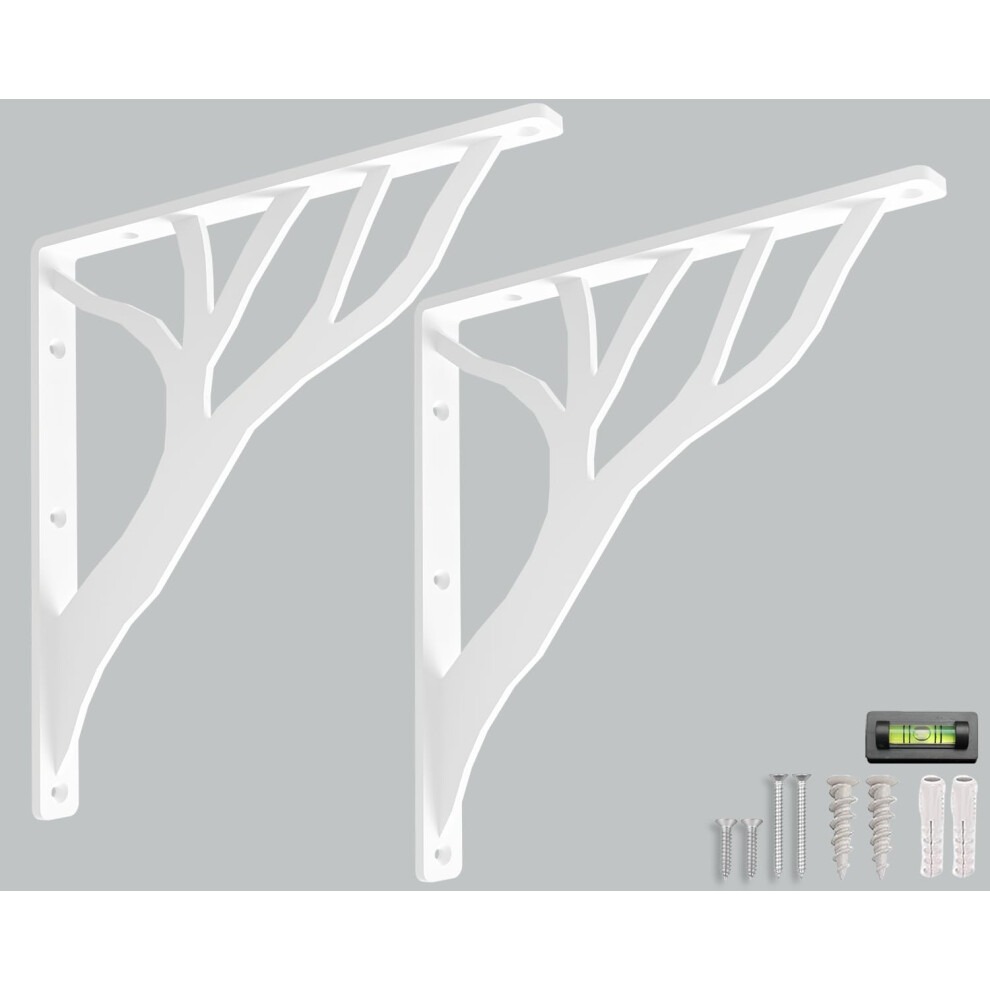Rustic Tree Shelf L Brackets By Balin Designs (White) For 12 Inch - 14 Inch Shelves - Heavy-Duty Decorative Metal Mantel Bracket Supports - Easy Insta 5065017190095