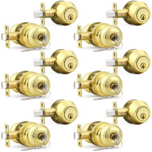 Probrico 6 Pack Round Ball Entry Door Knobs and Single Cylinder Deadbolt Combo Sets for Exterior Door  Polished Brass  Keyed Alike