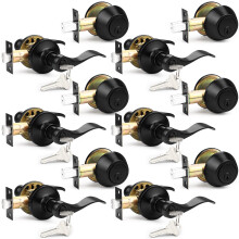 Probrico Front Door Entry Lever Lockset Single Cylinder Deadbolt Combination Set Flat Black Finish Keyed Alike Combo Reversible for Right and Left