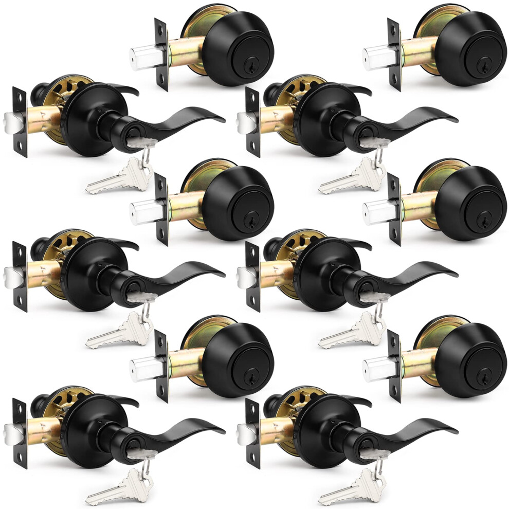 Probrico Front Door Entry Lever Lockset Single Cylinder Deadbolt Combination Set Flat Black Finish Keyed Alike Combo Reversible For Right And Left 6941154056847