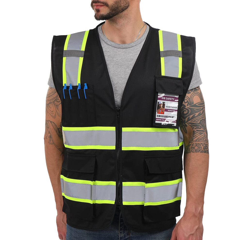 Dib Safety Reflective Vest High Visibility With Pockets And Zipper, Black With Yellow Trim 2XL 779149263446