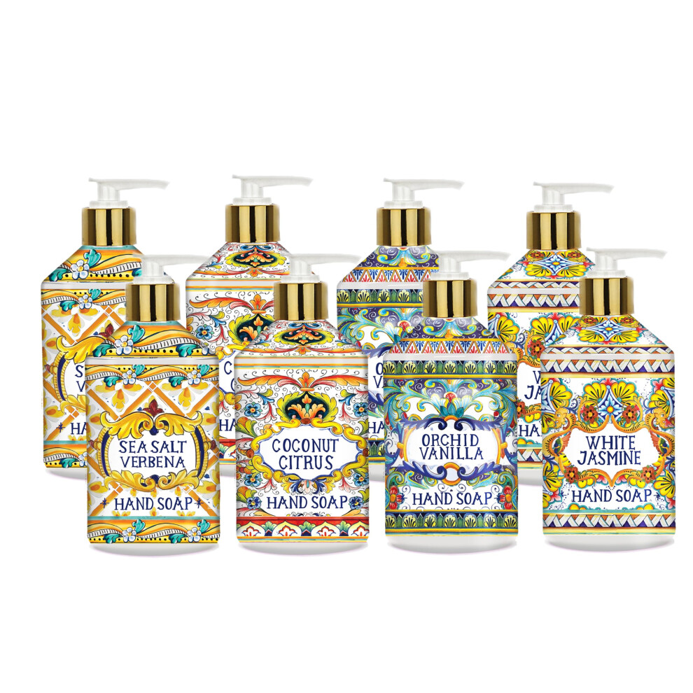 Villa Flora Hand Soap Set  8 x 21.5oz bottles - Sea Salt Verbena  Coconut Citrus  Orchid Vanilla  and White Jasmine. Home and Body Company