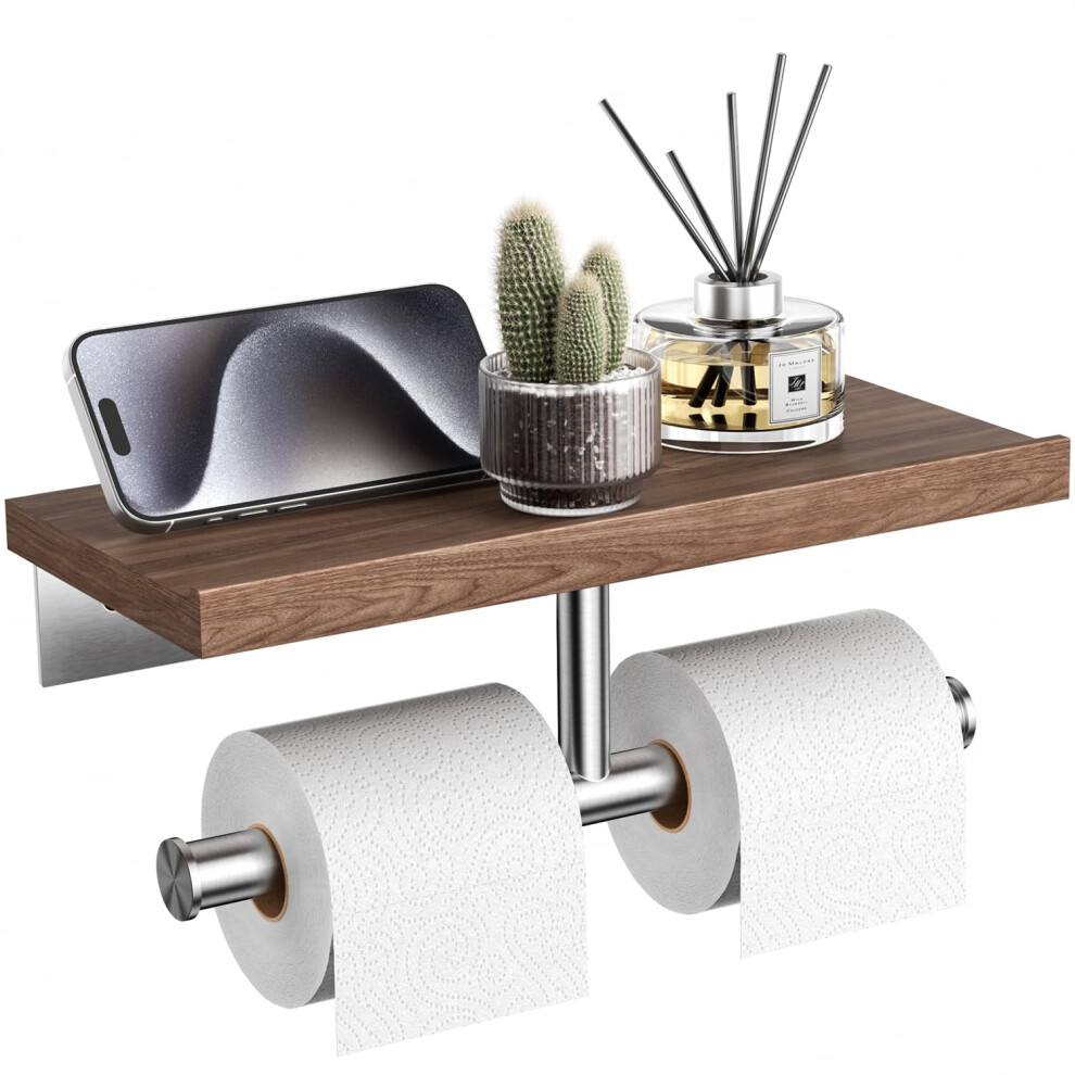 Porte-papier toilette double rustique Tindbea avec    tag   re en bois de noyer Porte-papier toilette de ferme Porte-rouleau de papier toilette en ac