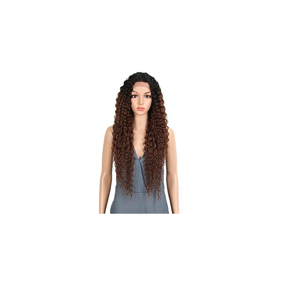 Joedir Lace Front Wigs Ombre Brown 28'' Long Small Curly Wavy Synthetic Wigs For Black Women 130% Density Wigs(Tt1b/33)