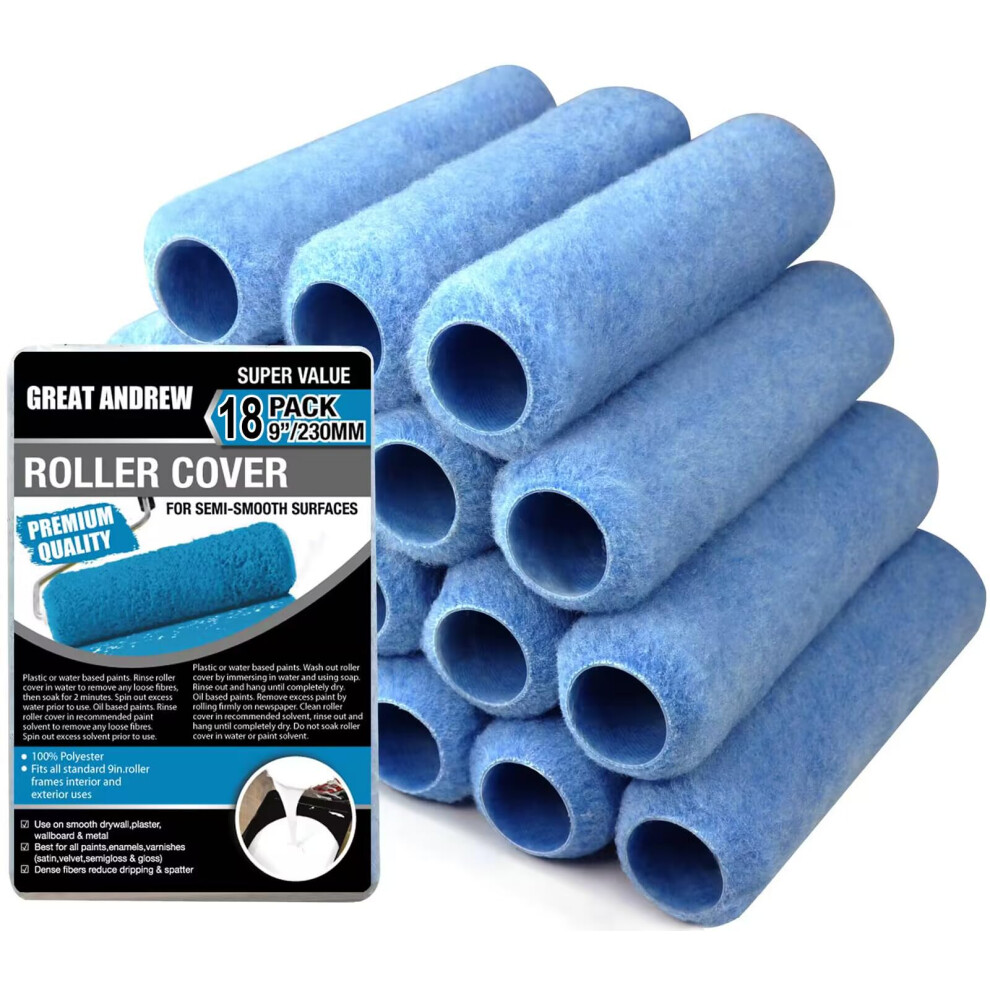 Great Andrew 18 Pack Paint Roller Covers 9 Inch 3/8 Nap Dense Fibers Large Paint Roller Kit For Painting Textured Smooth Rough Surfaces Walls Floors 613739776681