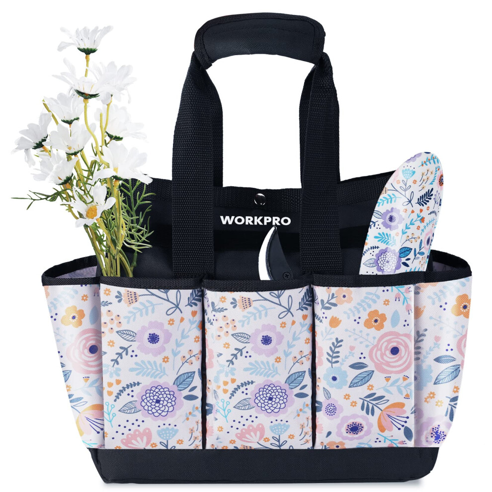 Workpro Garden Tool Bag 9 Pockets Gardening Bag Heavy Duty Oxford Garden Tote Caddy (Tools Not Included) 12"""" X 12"""" X 6"""" (Floral White) 820909684893