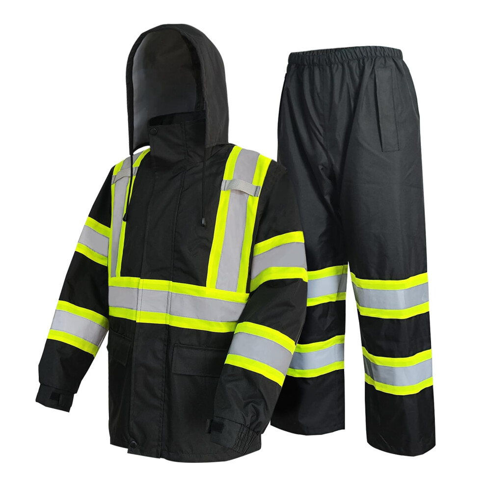 Veste et pantalon de s  curit   haute visibilit   ZUJA, poches et fermeture   clair r  fl  chissantes, norme ANSI/ISEA (combinaison de pluie noire XL)