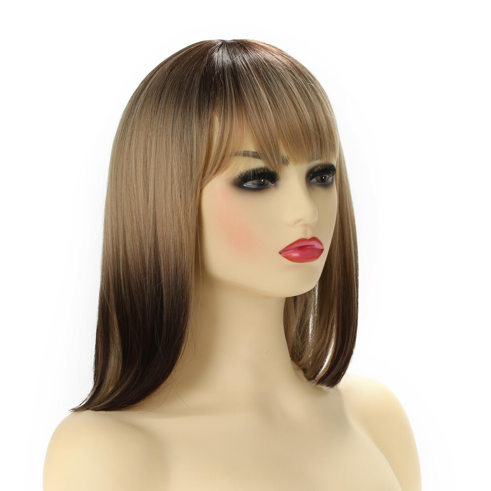 Anne Michelle Unisex Brown Michelle Young Ombre Blonde Bob Wigs Short Wigs For Women Cosplay Wig With Bangs Dark Roots Natural Hair Synthetic Wig