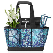 WORKPRO Garden Tool Bag 9 Pockets Gardening Bag Heavy Duty Oxford Garden Tote Caddy (Tools NOT Included) 12"""" x 12"""" x 6"""" (Floral Blue)