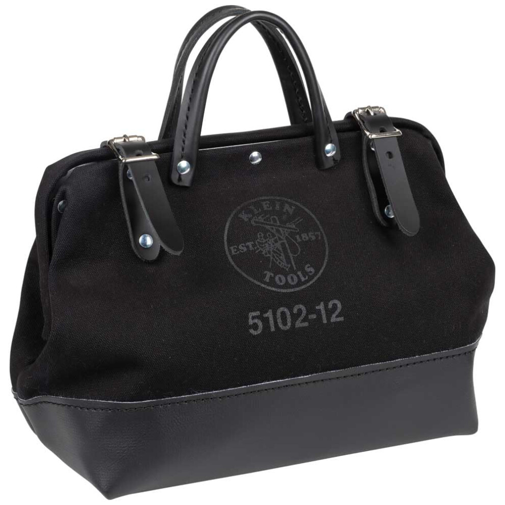 Klein Tools 510212Blk Heavy Duty Black Canvas Tool Bag Tool Tote Multi-Purpose Bag With Wide Hinged Opening And Leather Handles 12-Inch 092644201035