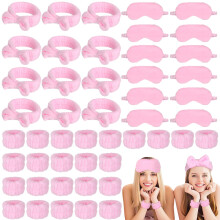 Lnrueg 48Pcs SPA Kit-12Pcs Spa Headband Bow + 24 Wrist Washband + 12 Sleep Eye Masks Pink Party Supplies for Girls Women Birthday Sleepover Party Fa