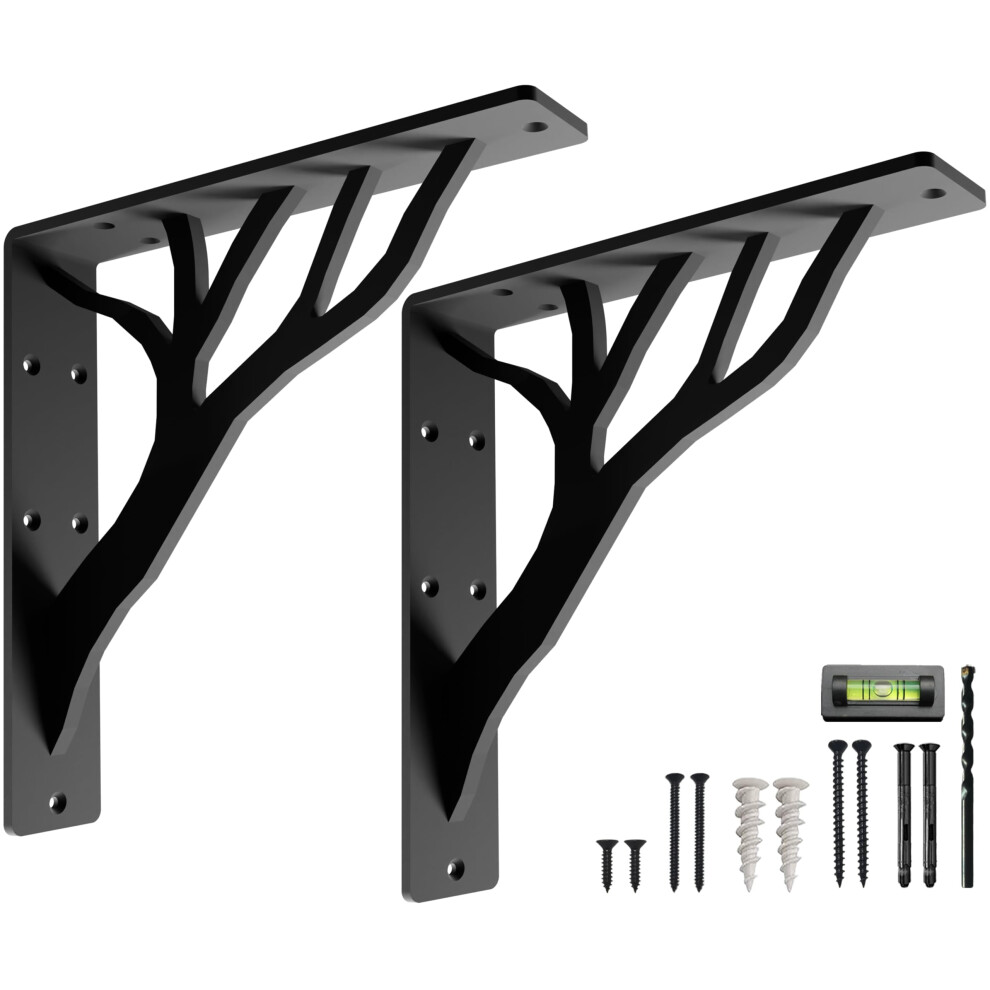 Rustic Tree Shelf L Brackets By Balin Designs (Black) For 12 -14 Shelves - Heavy-Duty Decorative Metal Fireplace Mantel Bracket Supports - Easy Insta 5065017190613