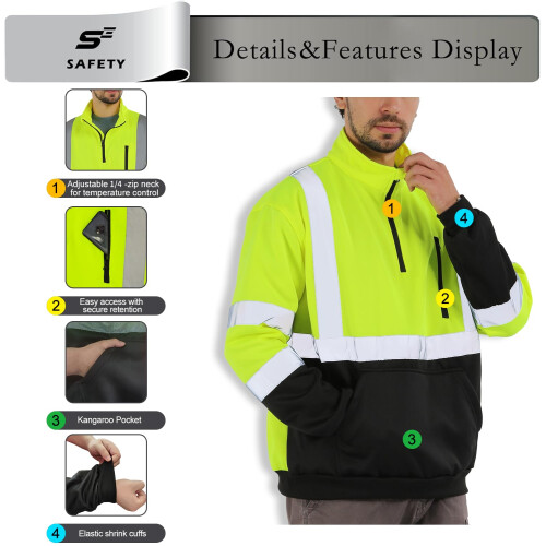 Arbetsskerhetstrja High Visibility Construction Class 3 Hi Vis Reflex Sweatshirt fr mn 1/4 Zip Pullover 2