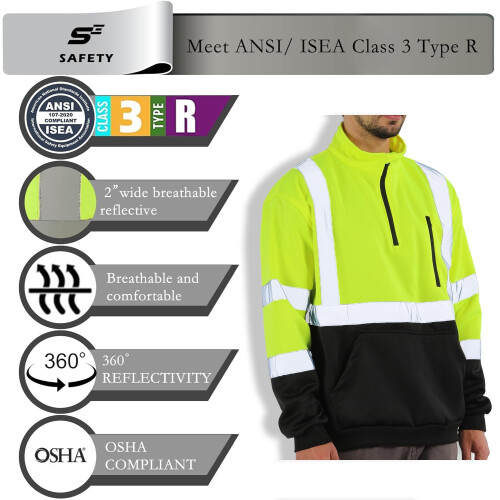 Arbetsskerhetstrja High Visibility Construction Class 3 Hi Vis Reflex Sweatshirt fr mn 1/4 Zip Pullover 1