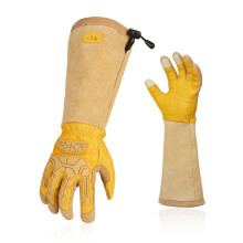 Vgo... Safety Work Gloves Men Extra-long Cuff Thornproof Premium Cow Grain Leather Anti-abrasion Anti-Impact Gardening (1 Pair Size L Gold CA9659)