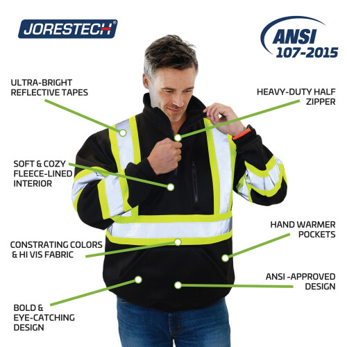 JORESTECH Πουλόβερ Ασφαλείας Ανακλαστικό Υψηλής Ορατότητας Μαύρο Φερμουάρ 1/4 ANSI 2