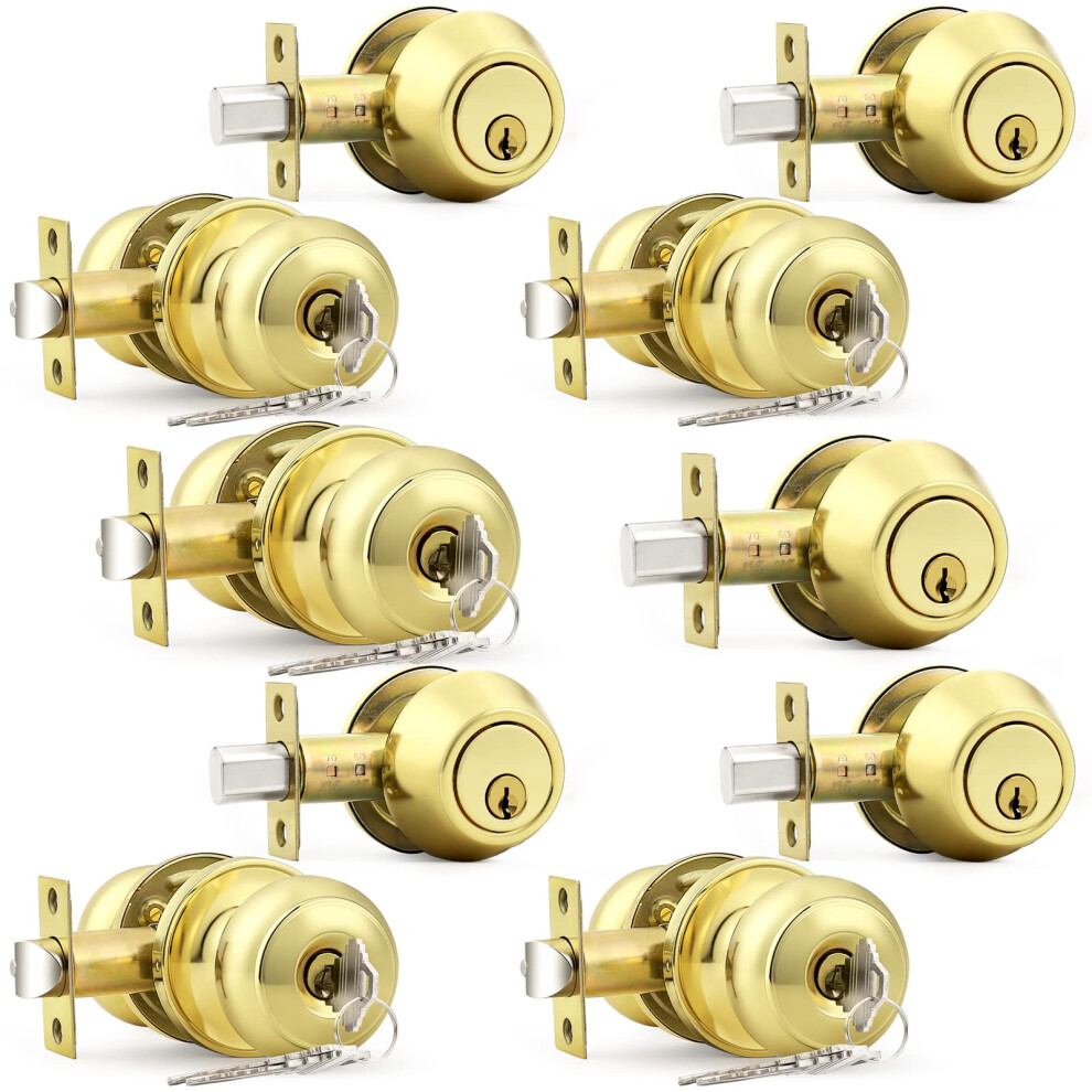 Probrico Entry Door Knob Keyed Alike With Single Cylinder Deadbolt Combination Polished Brass 5 Pack 6941154050845