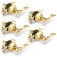 Privacy Levers Wave Style Bathroom Bedroom Locks in Polished Brass Reversible for Right Left Handed Doors 5Pack