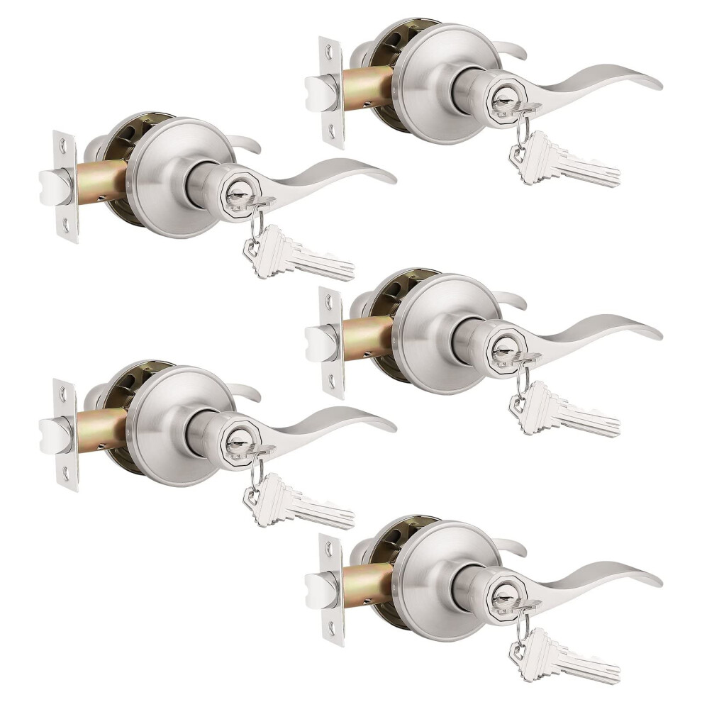 Probrico (5 Pack Keyed Alike Entry Door Lever [Lock With 3 Combo Keys] Locking Door Handle For Office Or Front Door Satin Nickel Finish Wave Entrance 716955987104