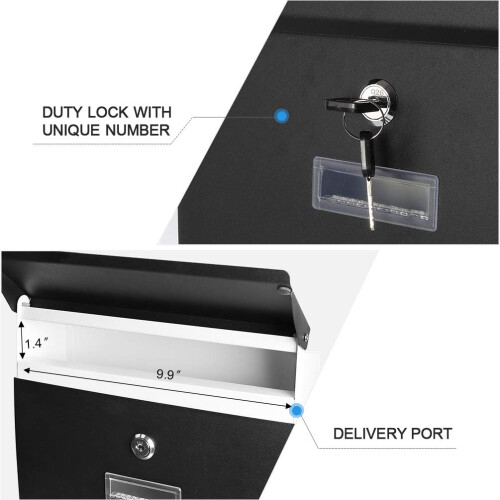 Black Mailboxes with Key Lock Wall Mounted Large Capacity Mailbox 15 3/5"""" x 10 3/5"""" x 3 1/2"""" 1