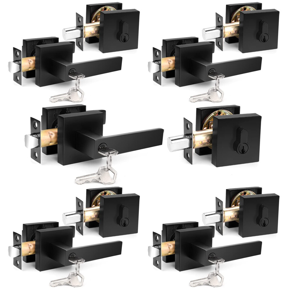 Probrico Heavy Duty Square Entry Levers and Single Cylinder Deadbolts Combo Pack  Flat Black Keyed Alike Entry Door Locksets for Office Bedroom and Fr-image-OPC-PGFQPRH-NEW