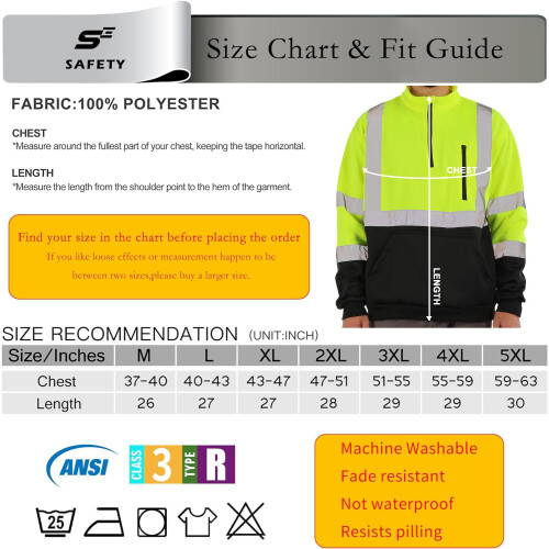 Arbetsskerhetstrja High Visibility Construction Class 3 Hi Vis Reflex Sweatshirt fr mn 1/4 Zip Pullover 2