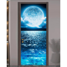 FLFK Door Sticker - Door Mural Peel and Stick Removable Self-Adhesive Ocean Moon Wallpaper for Home Decor 30.3 """"W x 78.7 """"L Set of 2 Sheets