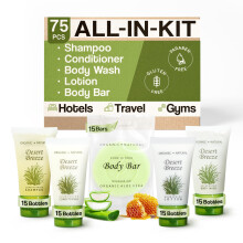 Desert Breeze Hotel Tvlar och toalettartiklar Bulk Set | 1-Shoppe Amenities Kit | 1oz schampo och balsam Body Wash Lotion Bar Soap | Resestorlek