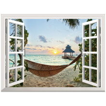 FLFK Fake Window Wall Sticker - Sunset Beach Faux Window Wall Mural for Wall Decor  Stick and Peel Wall Decals 16""""""""x24""""""""