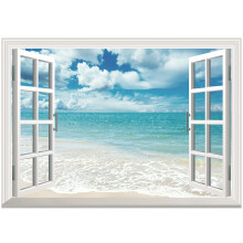 FLFK Fake Window Wall Sticker - Summer Beach Faux Window Wall Mural for Wall Decor Stick and Peel Wall Decals 16""""x24""""