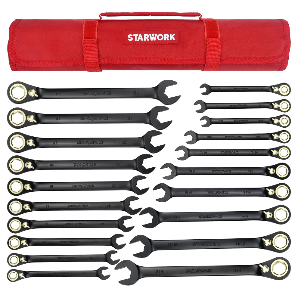 Starwork True Mechanic 20 Pc. 120T Reversible Ratcheting Combination Wrench Set Long Pattern Sae Metric Professional With Portable Roll-Up Pouch 4711115960351