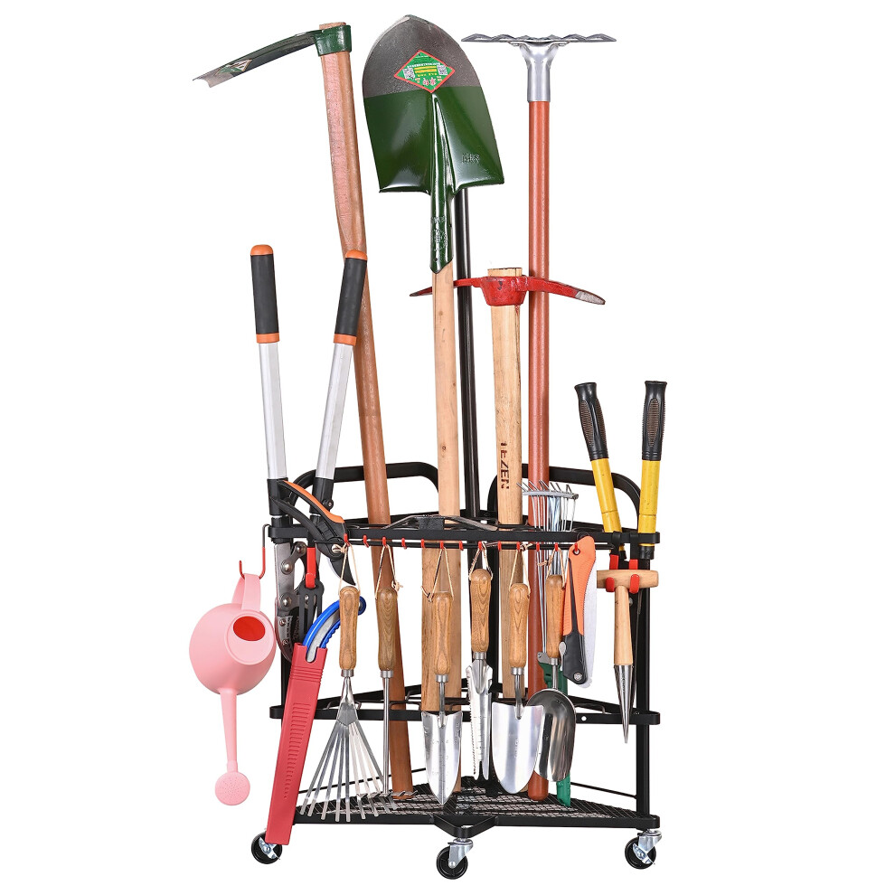 PLKOW Organiseur d'outils de jardin avec roulettes et crochets de rangement Support de rangement d'angle roulant pour abri de jardin Garage Acier endu