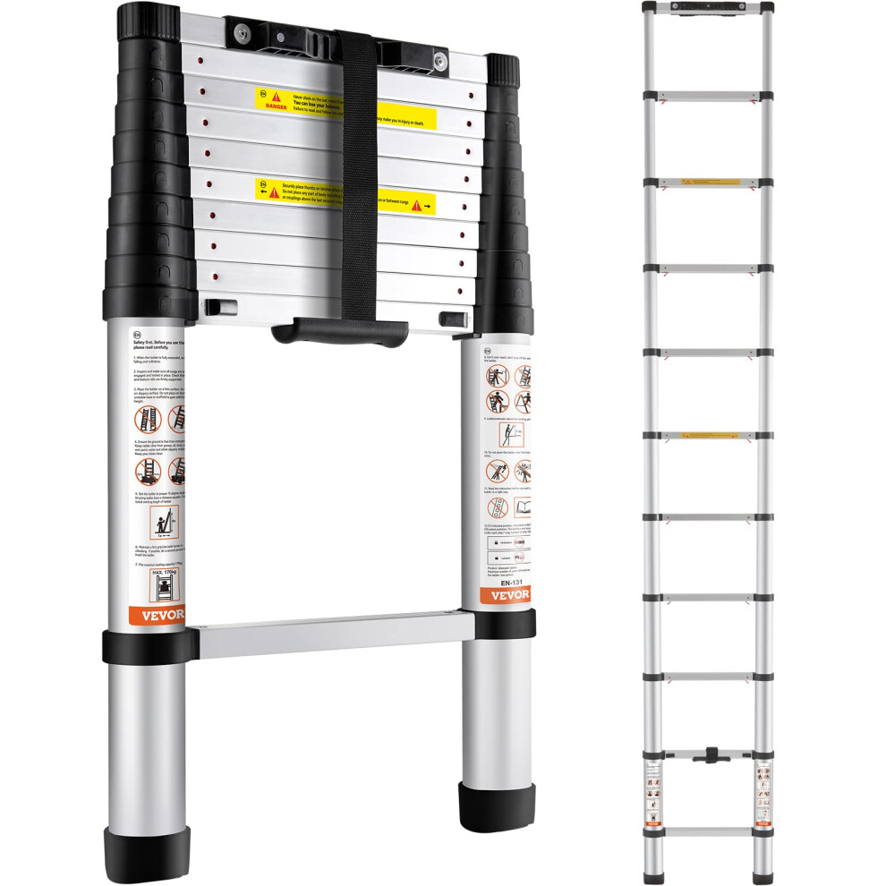 VEVOR Telescoping Ladder  10.5 FT Aluminum One-button Retraction Collapsible Extension Ladder  375 LBS Capacity with Non-slip Feet  Portable Multi-pur