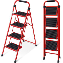 KINGRACK Folding Step Ladder 4 Steps Stool Heavy-Duty Sturdy Safety Steel Tall Step Stool Ladders with Handrails & Wide Pedals for Adults Home Kitchen