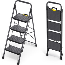 KINGRACK 4 Step Ladder Sturdy Steel Step Stool with Anti-Slip Wide Pedals Handrail Safe-Lock Design Pass 800lbs Load Testing Folding Portabl