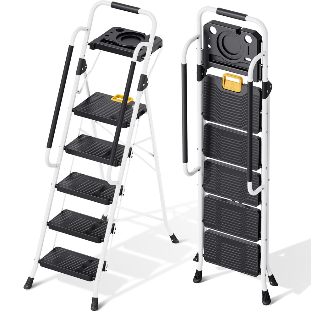 Kingrack Folding 5-Step Ladder 800 Lbs Capacity Step Stool With Safety Lock Tool Tray Non-Skid Wide Steps Handrail Household Folding Ladder 644097223661