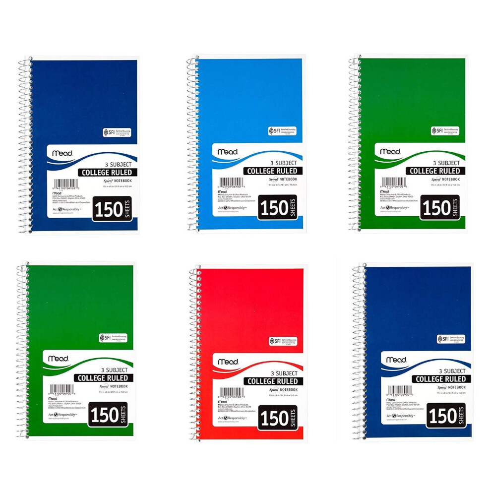 Mead Spiralnotizbuch, Wei , 3 F Cher, College-Regel, 6 X 9-1/2, Verkauft Als 6Er-Pack (06900)-image