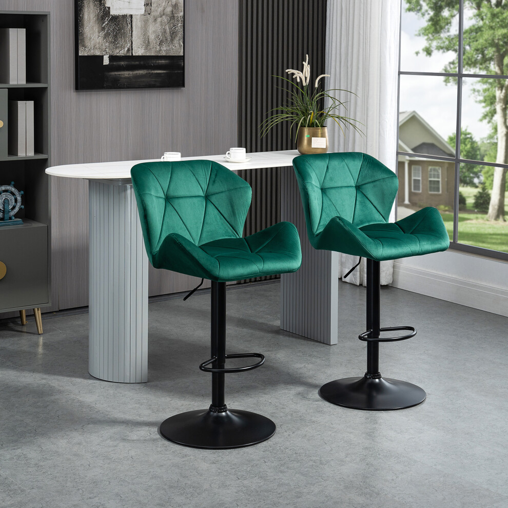 HOMCOM Of 2 Luxurious Velvet-Touch Bar Stools w/ Metal Frame Footrest Base in Green - Image 5